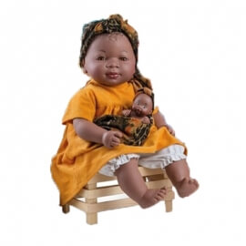 Κούκλα Αφρικάνα "Maria" με Μωράκι 45 cm - Πορτοκαλί Φόρεμα