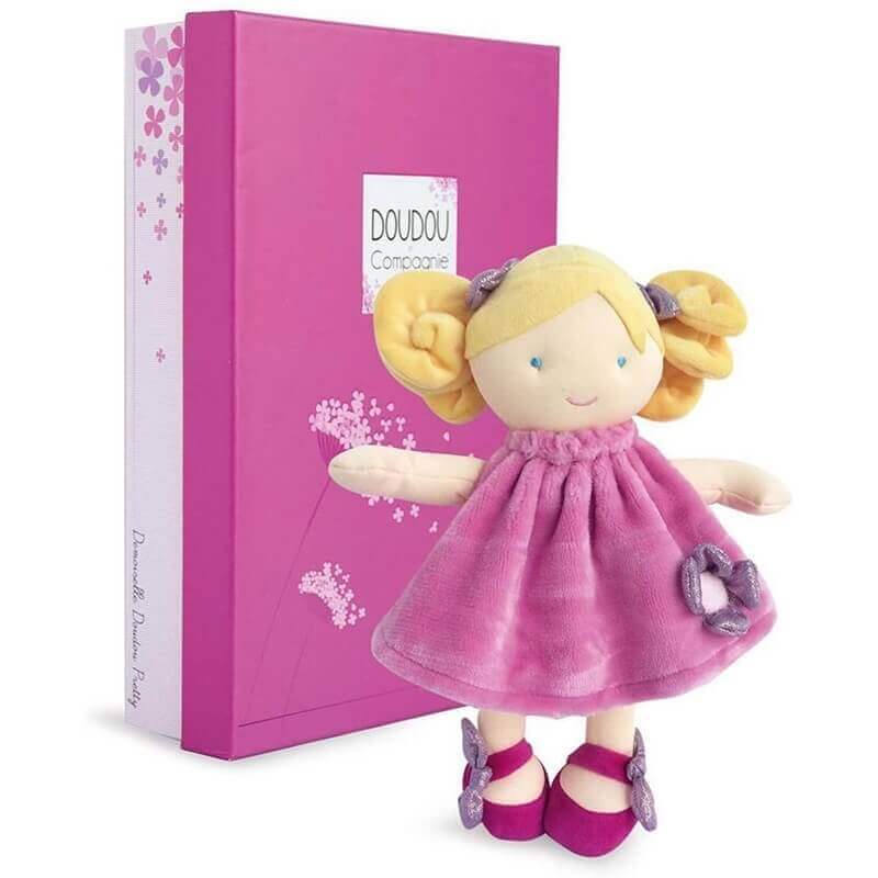 Πάνινη Κούκλα Ροζ με Λουλούδι 28εκ. σε Κουτί Δώρου