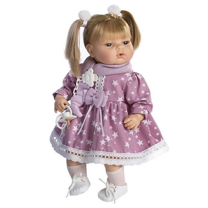 Κούκλα με Ήχους και Πιπίλα Maria 42εκ. με Λιλά Φόρεμα