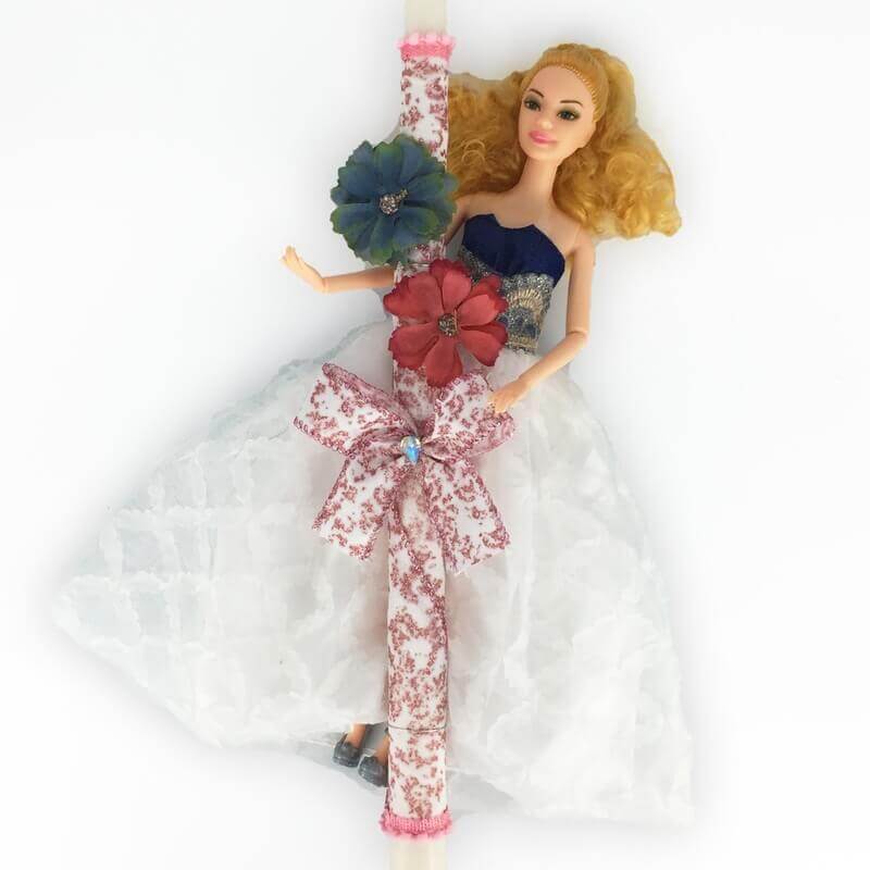 Χειροποίητη Πασχαλινή Λαμπάδα με Κούκλα "Πριγκίπισσα στα Λευκά" Ξανθιά (22.53)