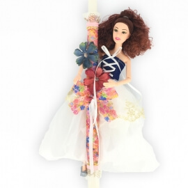Χειροποίητη Πασχαλινή Λαμπάδα με Κούκλα "Πριγκίπισσα στα Λευκά" Μελαχρινή (22.13)