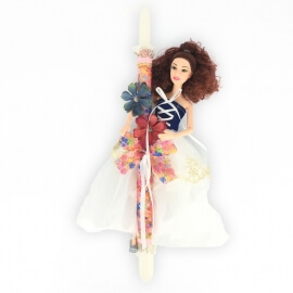 Χειροποίητη Πασχαλινή Λαμπάδα με Κούκλα "Πριγκίπισσα στα Λευκά" Μελαχρινή (22.13)