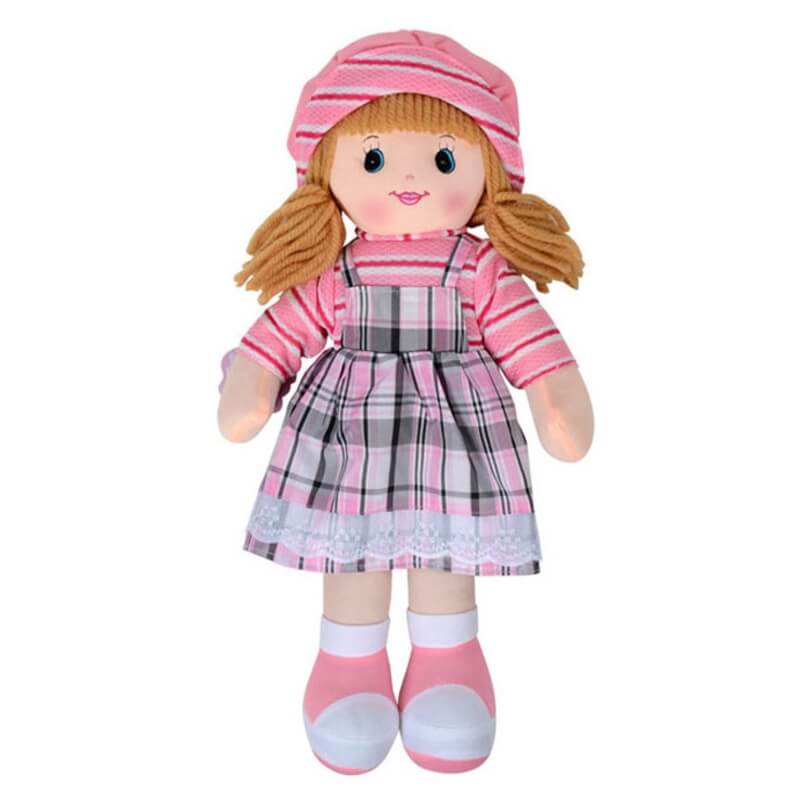 Κούκλα Πάνινη  50cm με Γκρι Ροζ Καρό Φόρεμα (48028-2)