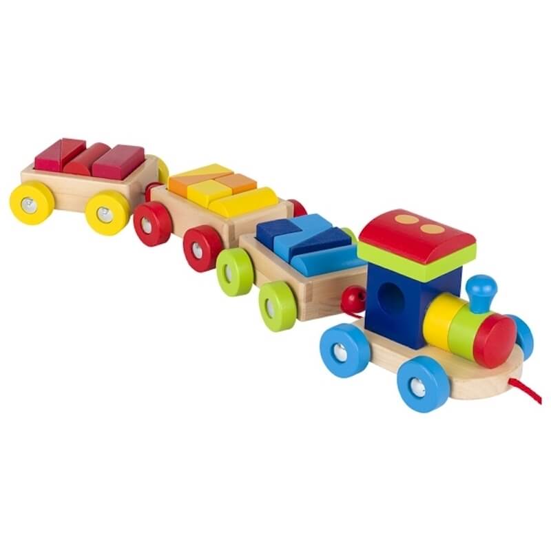 Ξύλινο Τρένο με Μηχανή, 3 Βαγόνια και Τουβλάκια