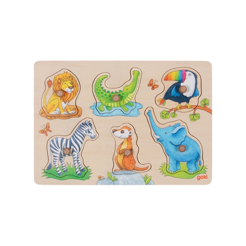 Ξύλινο Πάζλ Ενσφηνώματα "Άγρια Ζώα & τα Μικρά τους" 6κομ - Goki (57310)
