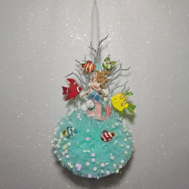 Χειροποίητη Πασχαλινή Λαμπάδα Γοργόνα με Πον Πον Τιρκουάζ (07102)