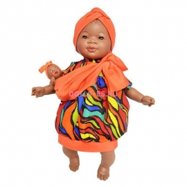 Κούκλα Αφρικάνα "Maria" με Μωράκι 45 cm - εμπριμέ φόρεμα
