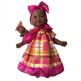 Κούκλα Αφρικάνα "Maria" με Μωράκι 45 cm - Φούξια Φόρεμα